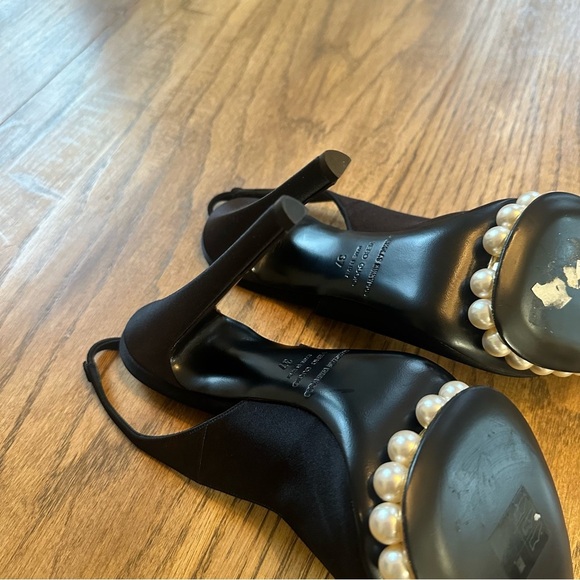 Nicholas Kirkwood Black Satin Peep-Toe Faux Pearl Slingback Sandals Size 37 / 7 - Picture 14 of 14